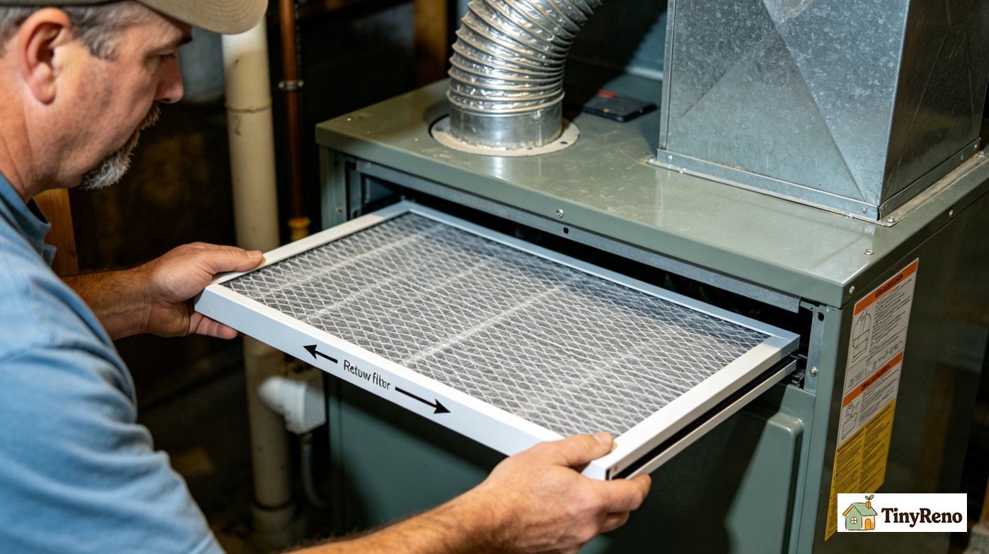 Close-up of a furnace air filter being slid into the return air slot showing the airflow arrows printed on the cardboard frame pointing toward the furnace cabinet