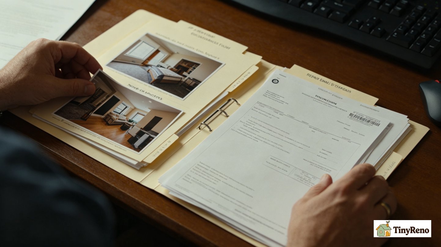 Detailed move-out statement with disputed line items highlighted and small claims court filing form on table