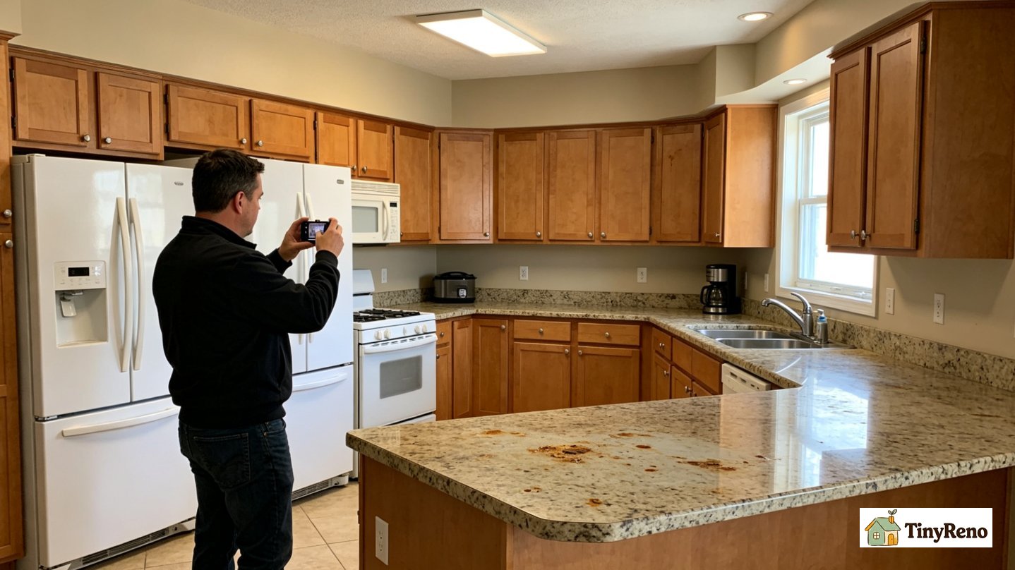 Homeowner photographing kitchen appliances, cabinets and countertop, capturing both full room wide shot and close-ups of small stains