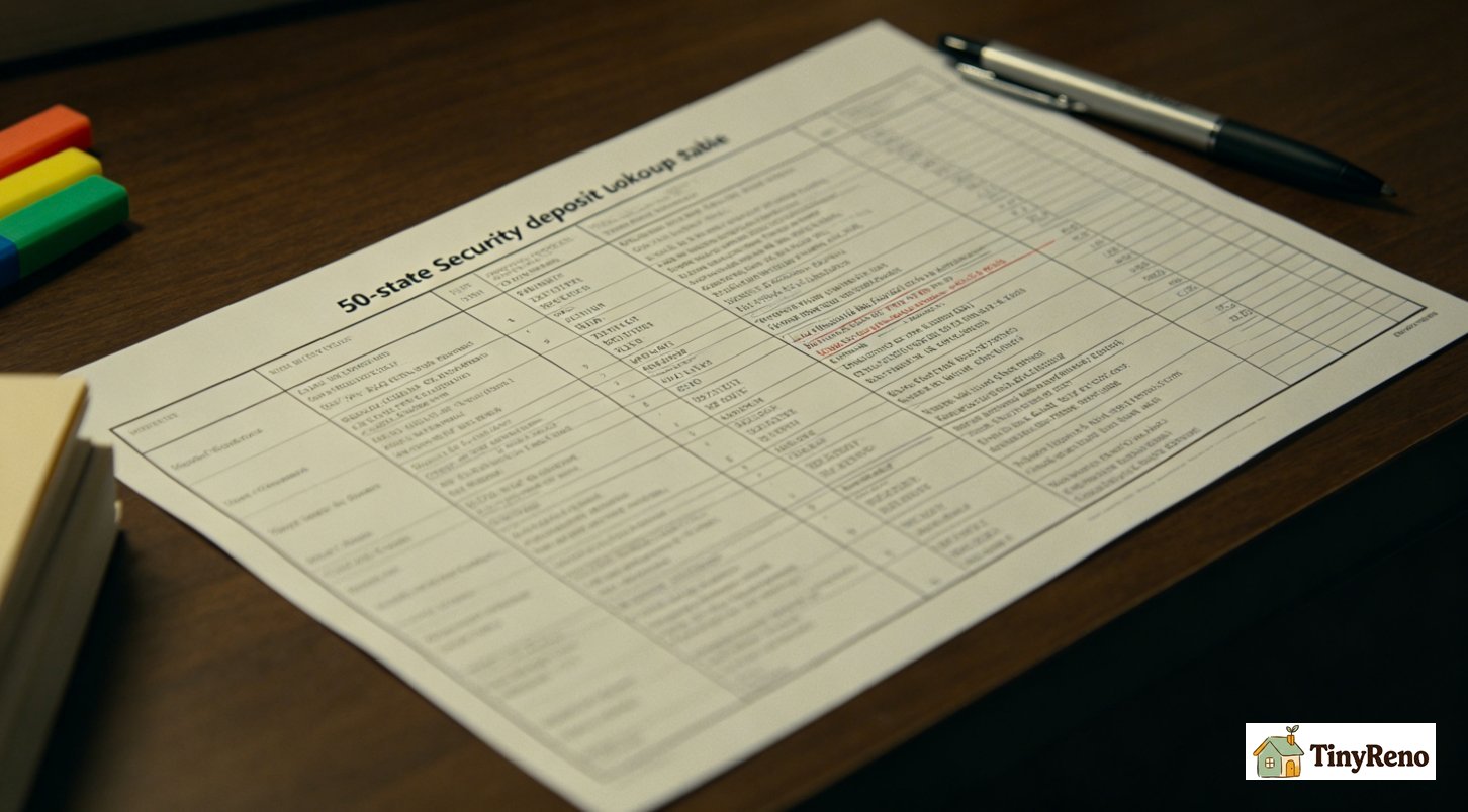 Fifty-state security deposit laws comparison table on a wall showing cap, return window, itemization, interest, and notice rules by state