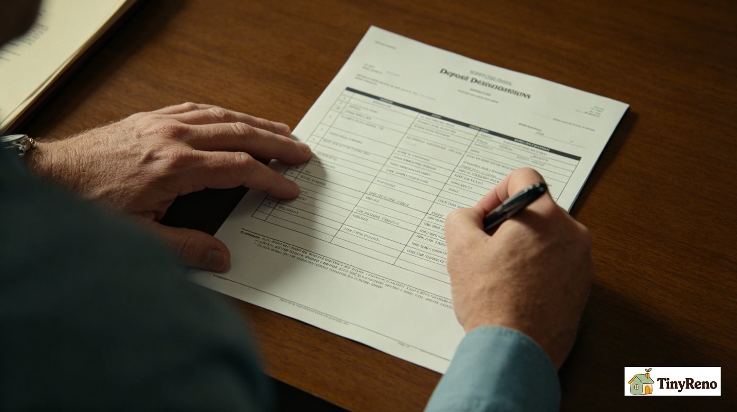 Move-out statement letter on a table with a highlighter marking individual line items for review