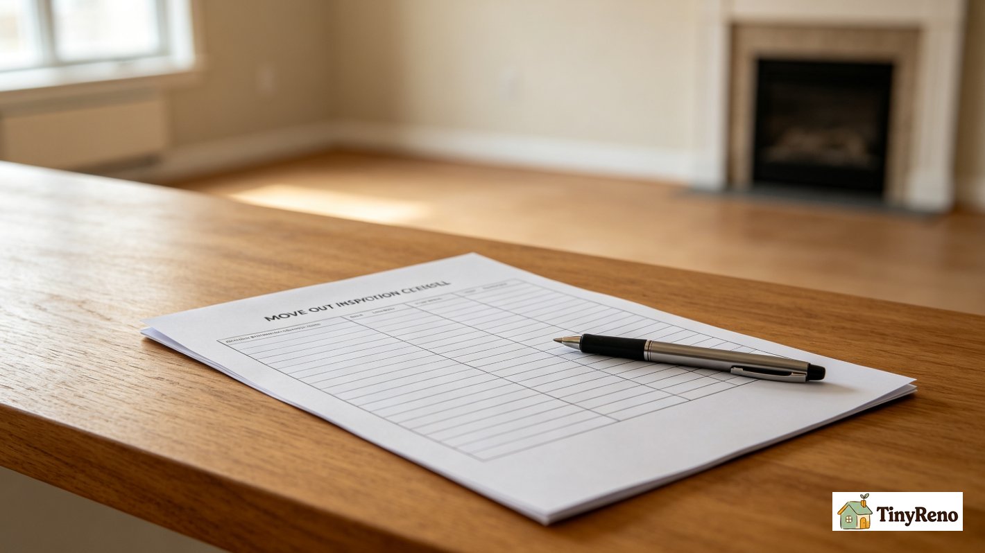 Close-up of printed move-out inspection checklist on wooden counter, pen resting on paper, empty apartment background