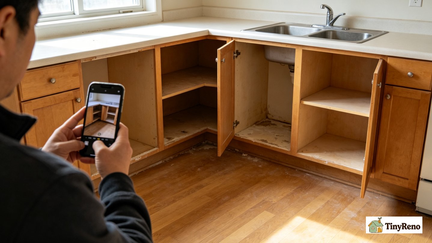Tenant taking photos of empty kitchen cabinets and flooring, documenting apartment condition for follow-up inspection