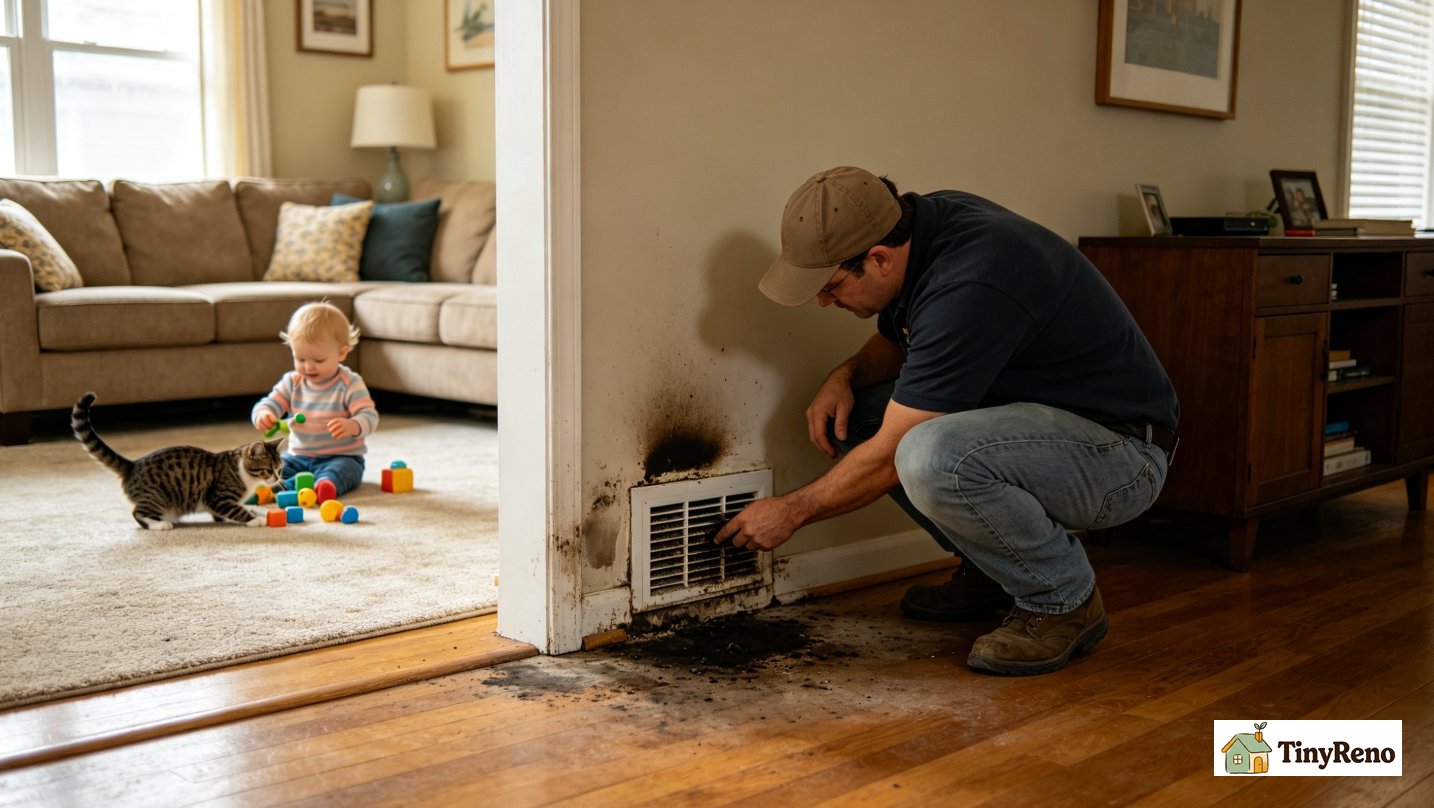 Renter inspecting dark discoloration around living room supply air vent, toddler and cat playing on floor nearby