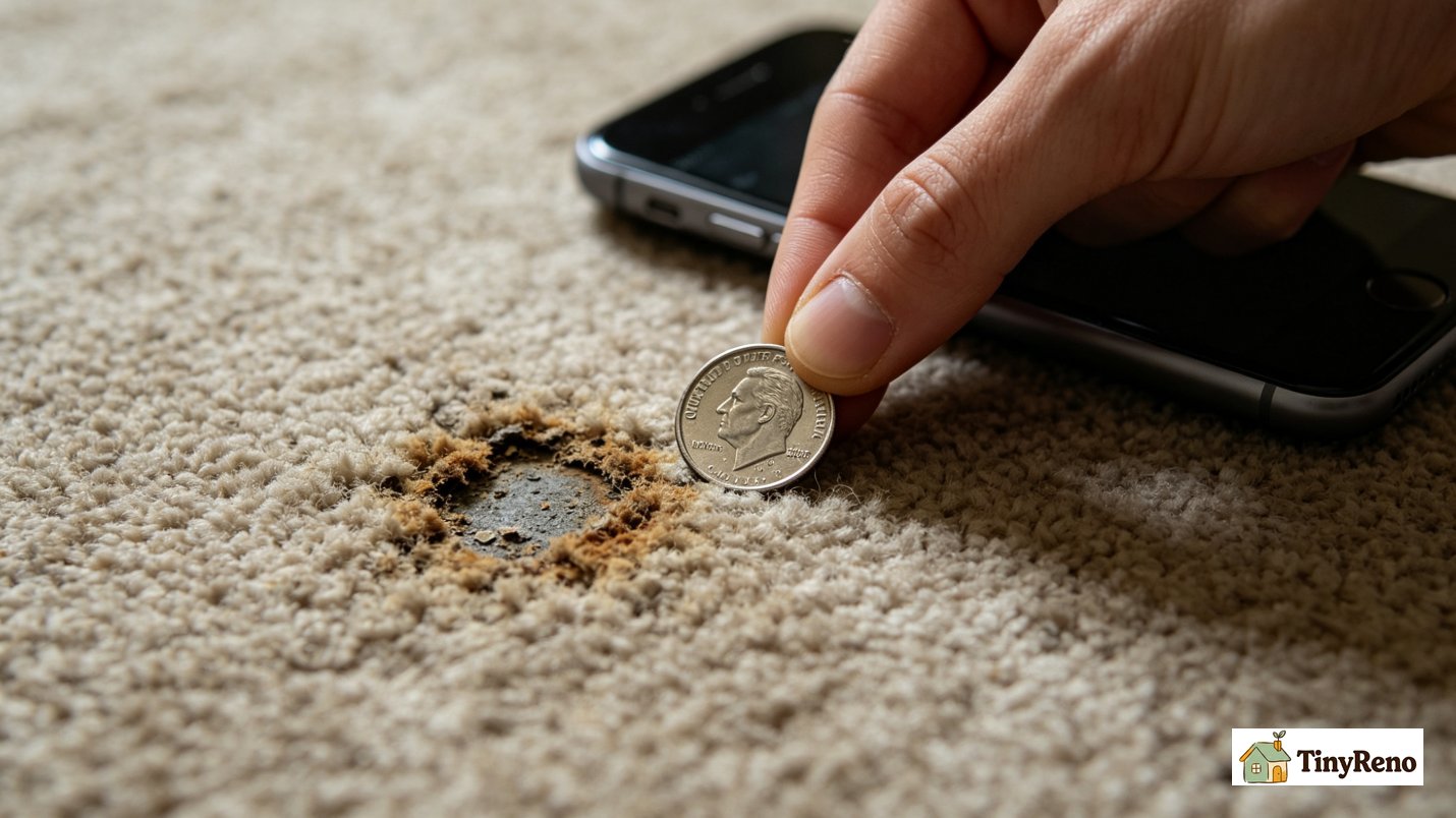 Close-up shot, tenant placing a quarter coin next to carpet stain to take scaled close-up photo of pre-existing damage
