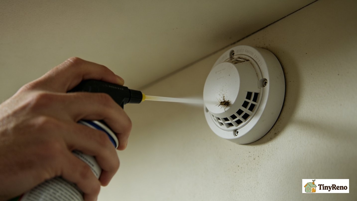 Person using compressed air can to blow dust and insect debris out of smoke detector sensor slits
