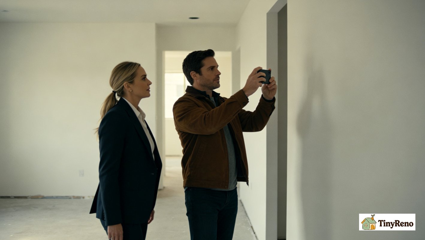 Male renter and property manager walking through empty rental apartment together, doing joint move-out inspection, tenant holding smartphone to take photos of walls