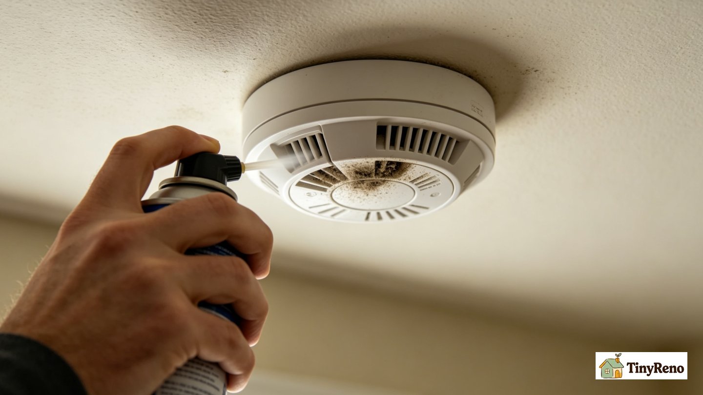 Compressed air being sprayed in short bursts into the sensing slits of a smoke alarm held at eye level to clear the chamber of dust