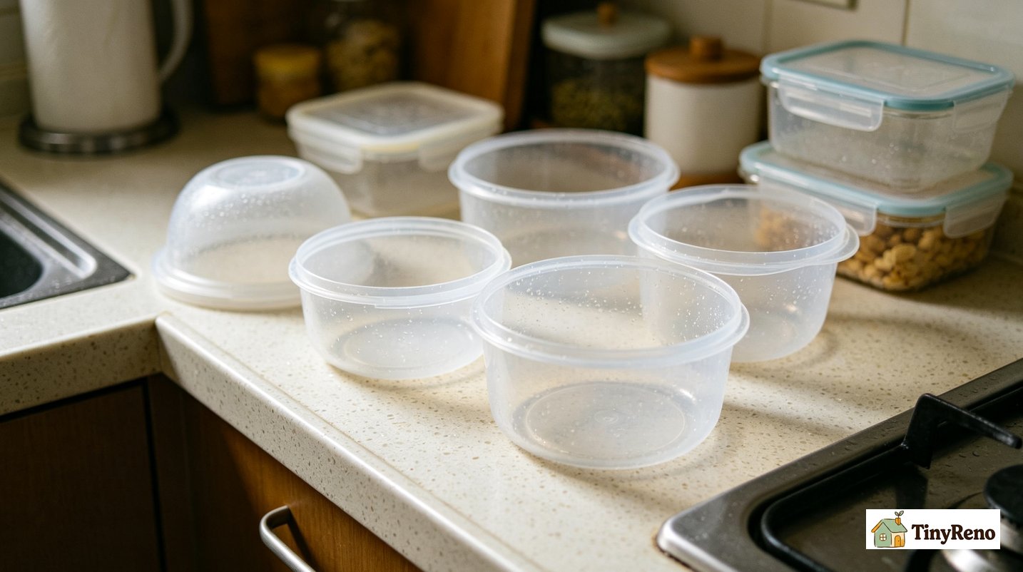 Clean plastic containers fully air drying on kitchen counter to prevent mold regrowth before storage
