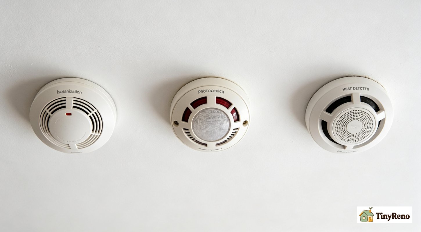 Side-by-side comparison of three types of fire alarms: ionization, photoelectric, and heat detector on white ceiling