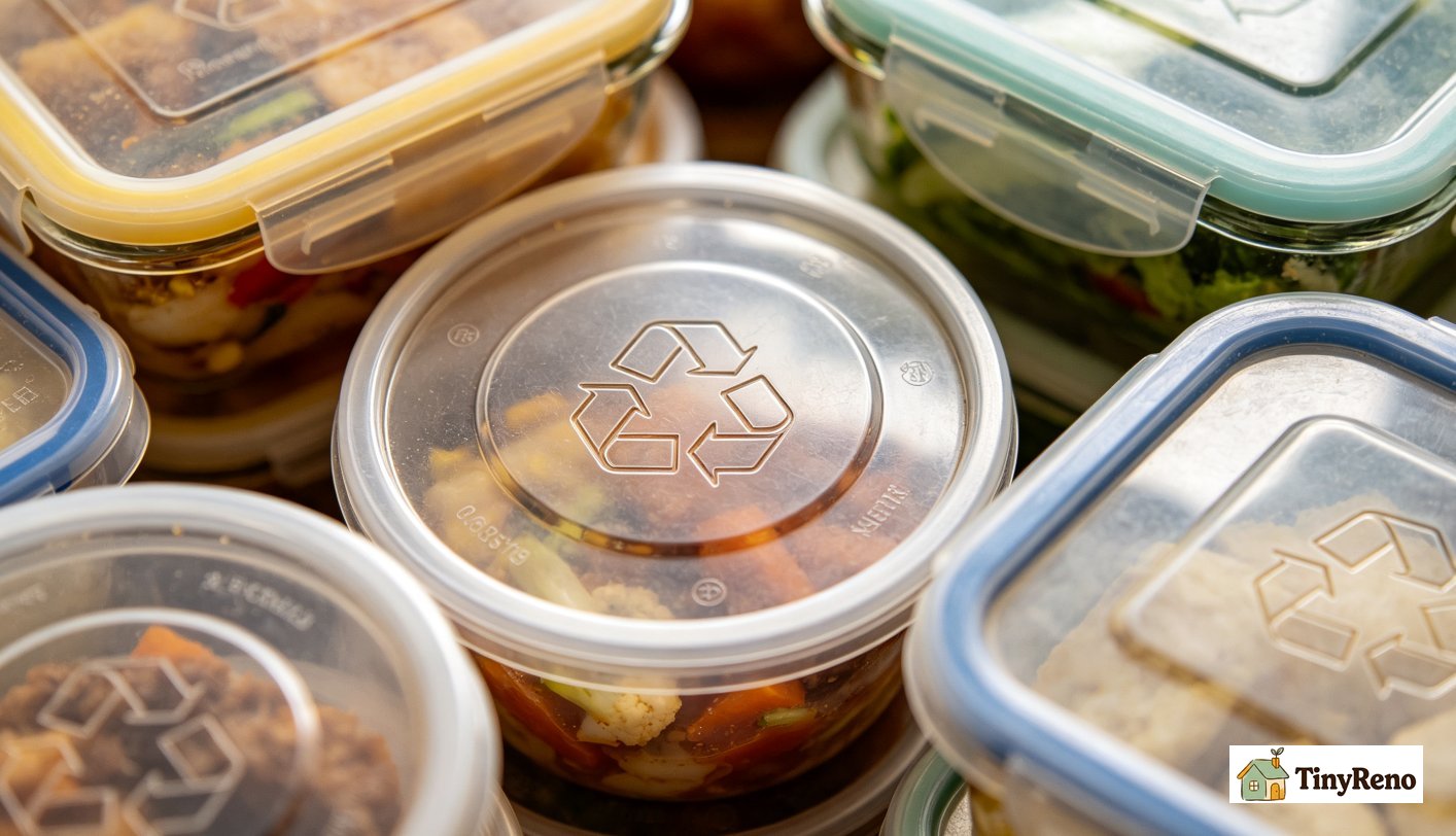 Close-up shot of plastic recycling triangle symbols printed on the bottom of various food storage containers