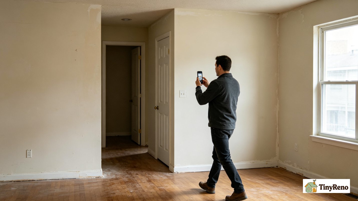 Renter walking through empty rental apartment, holding smartphone to take photos of walls and flooring for pre-move-out condition documentation