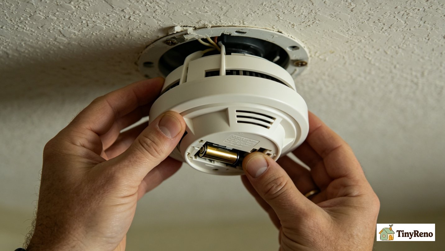 A 9-volt battery being installed into the back compartment of a smoke detector with the test button being pressed to verify the chirp is fixed