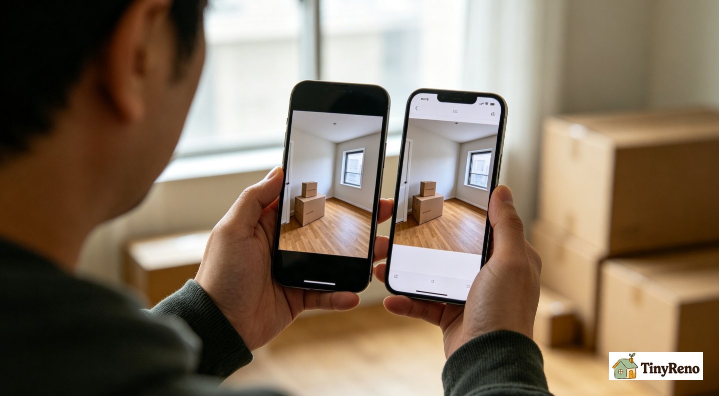 Tenant comparing two photos on phone screen &mdash; move-in baseline photo and matching angle photo taken later during lease