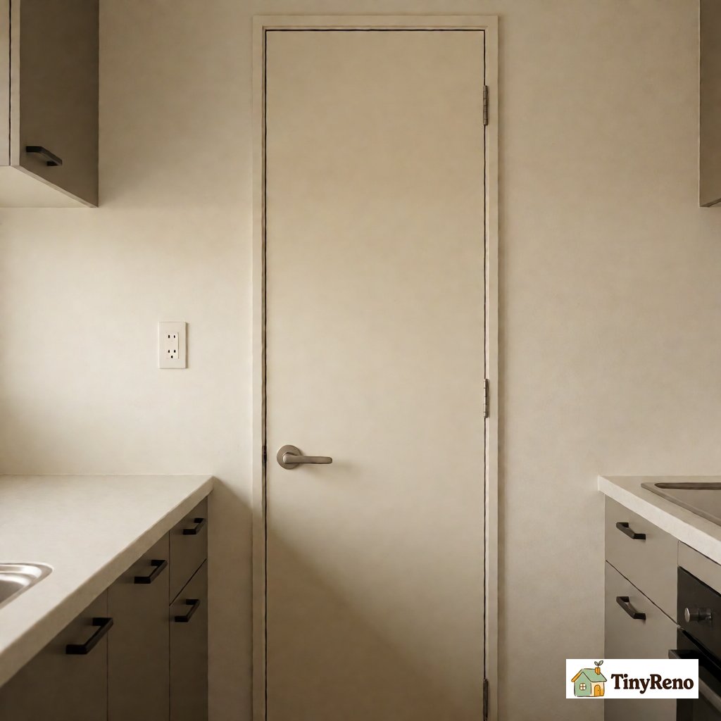 A close-up of a daytime kitchen scene showing a sealed pantry door and a clean counter to identify a fixed mouse problem