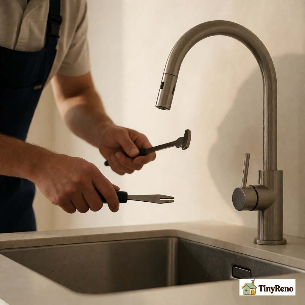 A maintenance man inspecting a slow leak under a kitchen sink to identify the daytime mouse water source