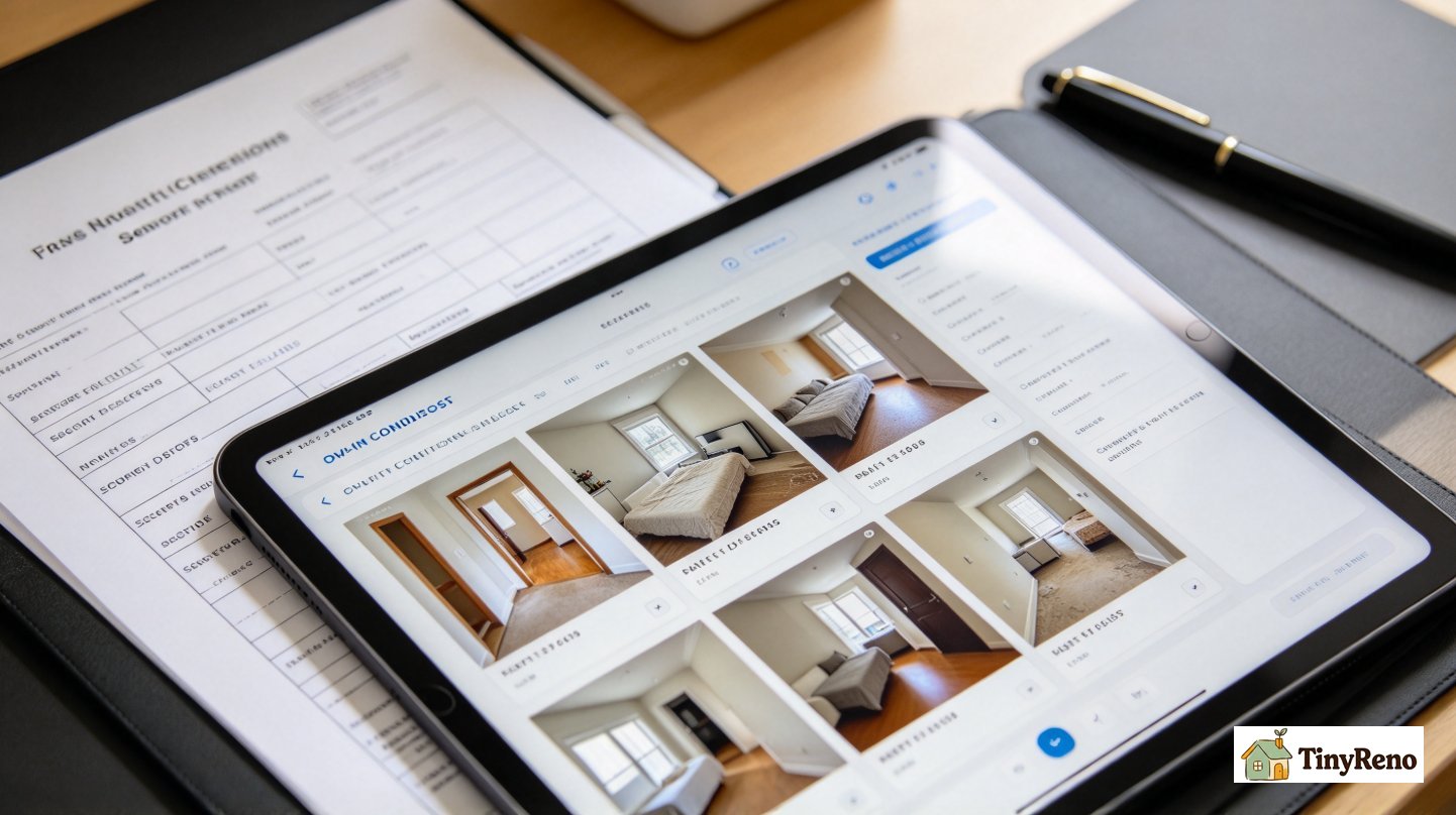 Close up of move-in condition checklist and timestamp photos on tablet, proof of pre-existing damage for security deposit dispute.