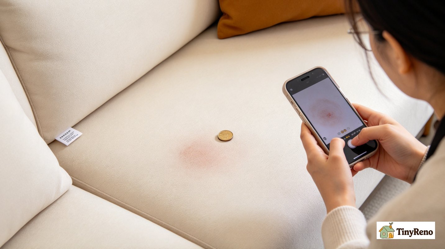 A renter photographing clean sofa cushion with fabric tag visible to avoid deposit deduction by landlord, soft warm morning light, off-white wall