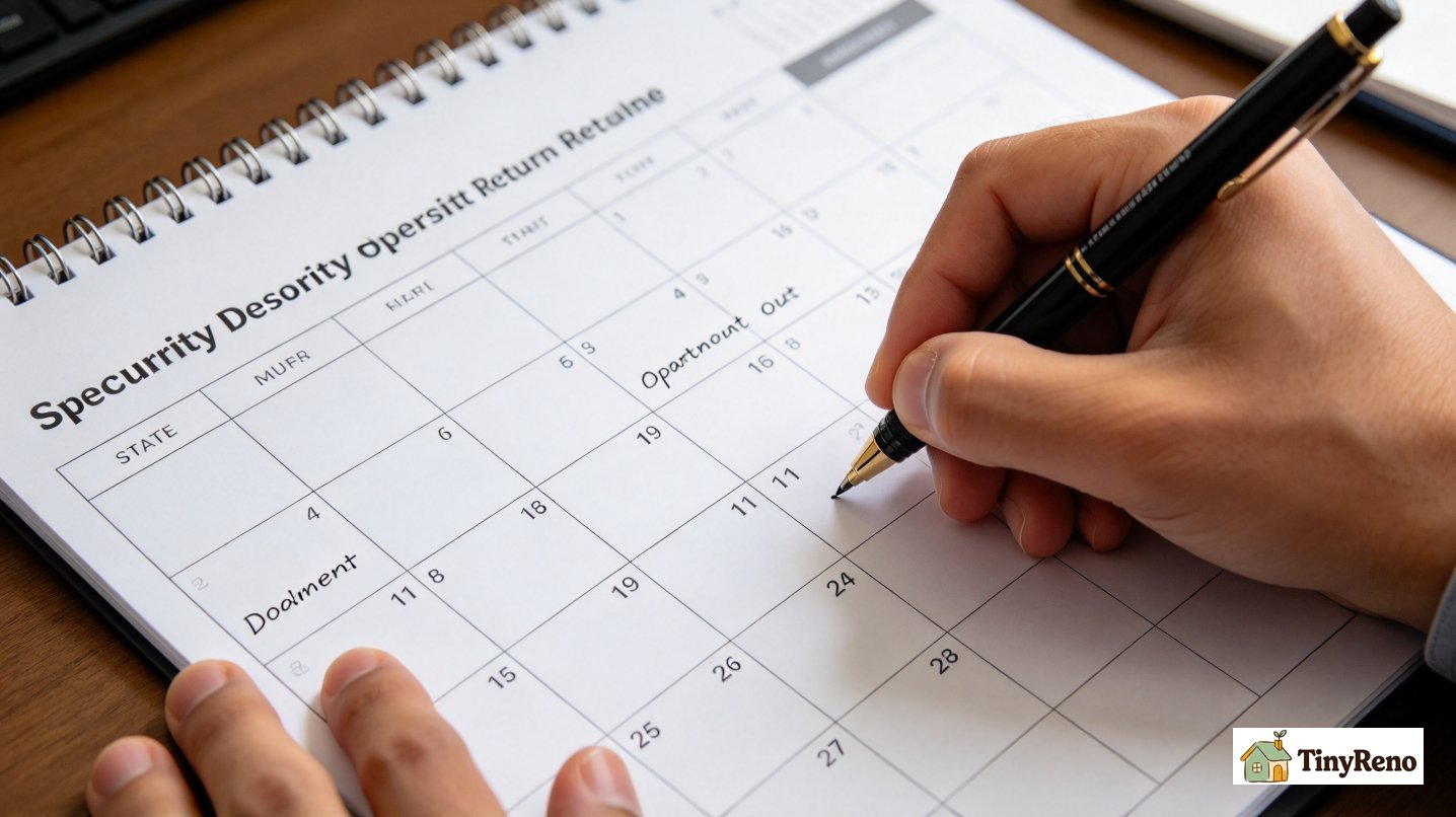 Renter marking state-mandated security deposit return deadline on printed calendar, tracking legal timeline after apartment move-out.