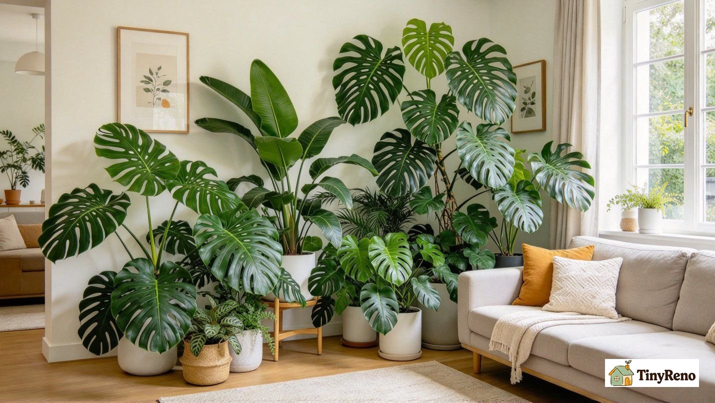 Several large leafy houseplants arranged in living room corner, passive minor boost to indoor humidity for dry winter air.