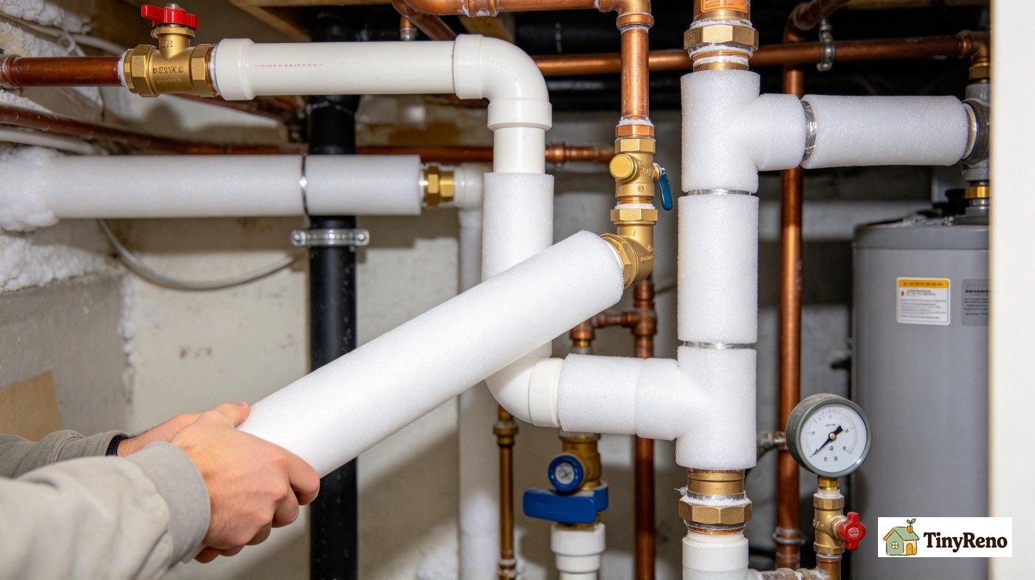 Foam pipe insulation sleeves being slid onto exposed water pipes for winter freeze protection in apartment utility closet.
