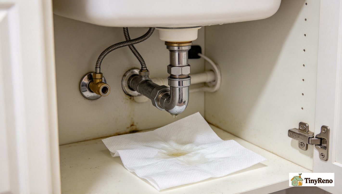 Person inspecting flexible dryer vent hose behind clothes dryer, checking for loose connection and lint buildup in apartment laundry nook.