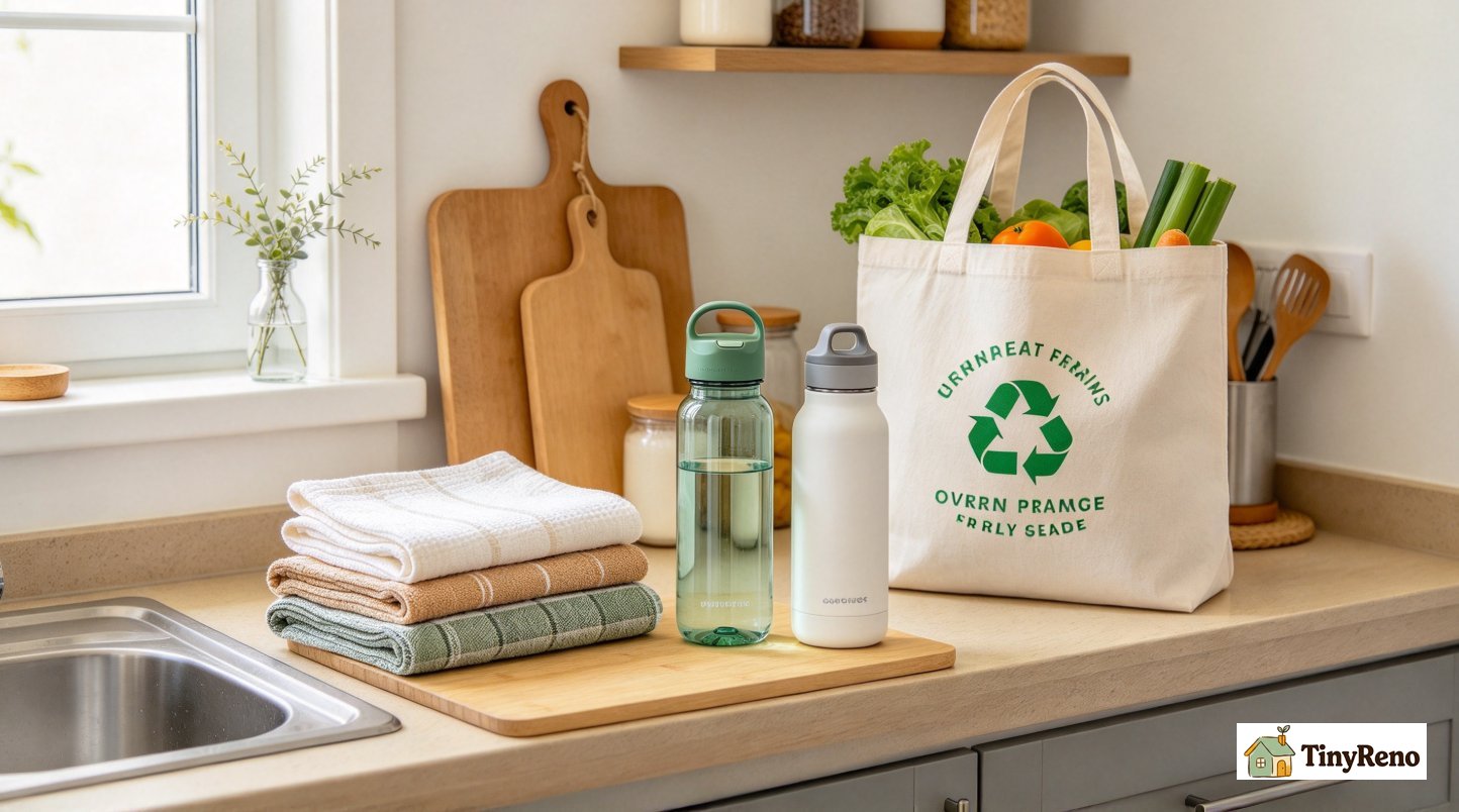 Neatly arranged reusable kitchen items including cloth towels, reusable water bottles and grocery bags on apartment countertop.