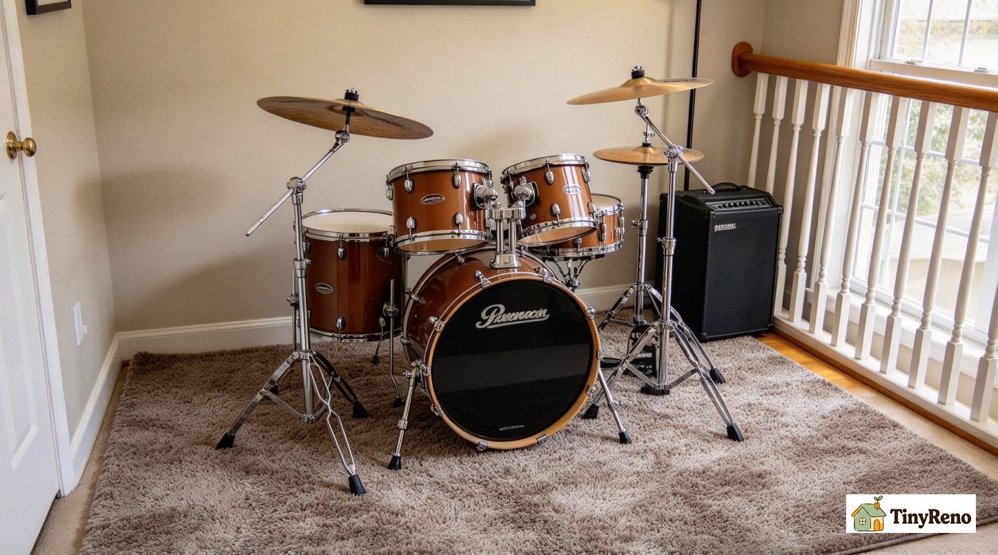 Upstairs apartment drum kit placed over thick rug, simple noise reduction solution after receiving friendly neighbor complaint.