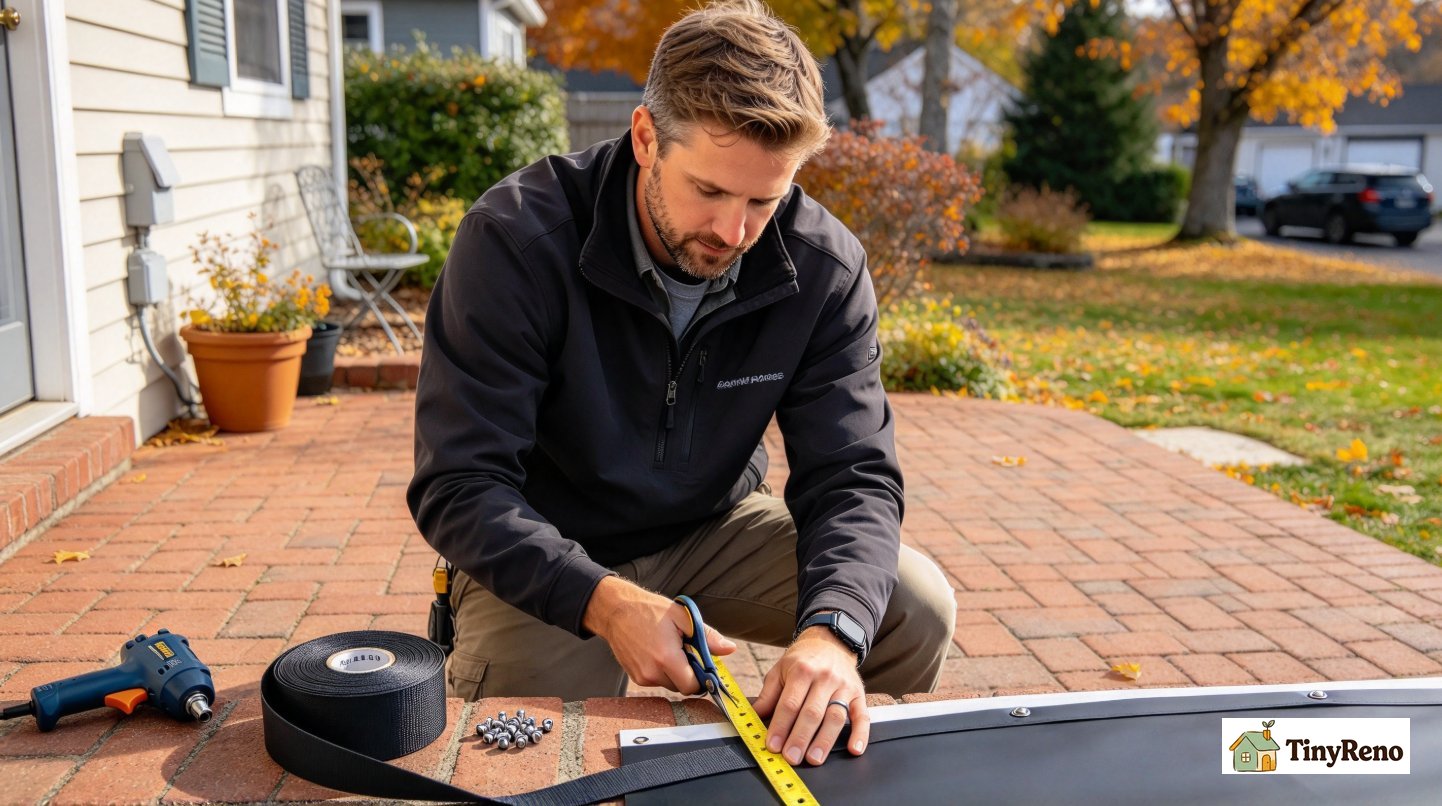 Caucasian renter measuring and cutting marine-grade vinyl strapping with scissors at 52°F November outdoor temperature, rivet gun and metal rivets resting on brick patio