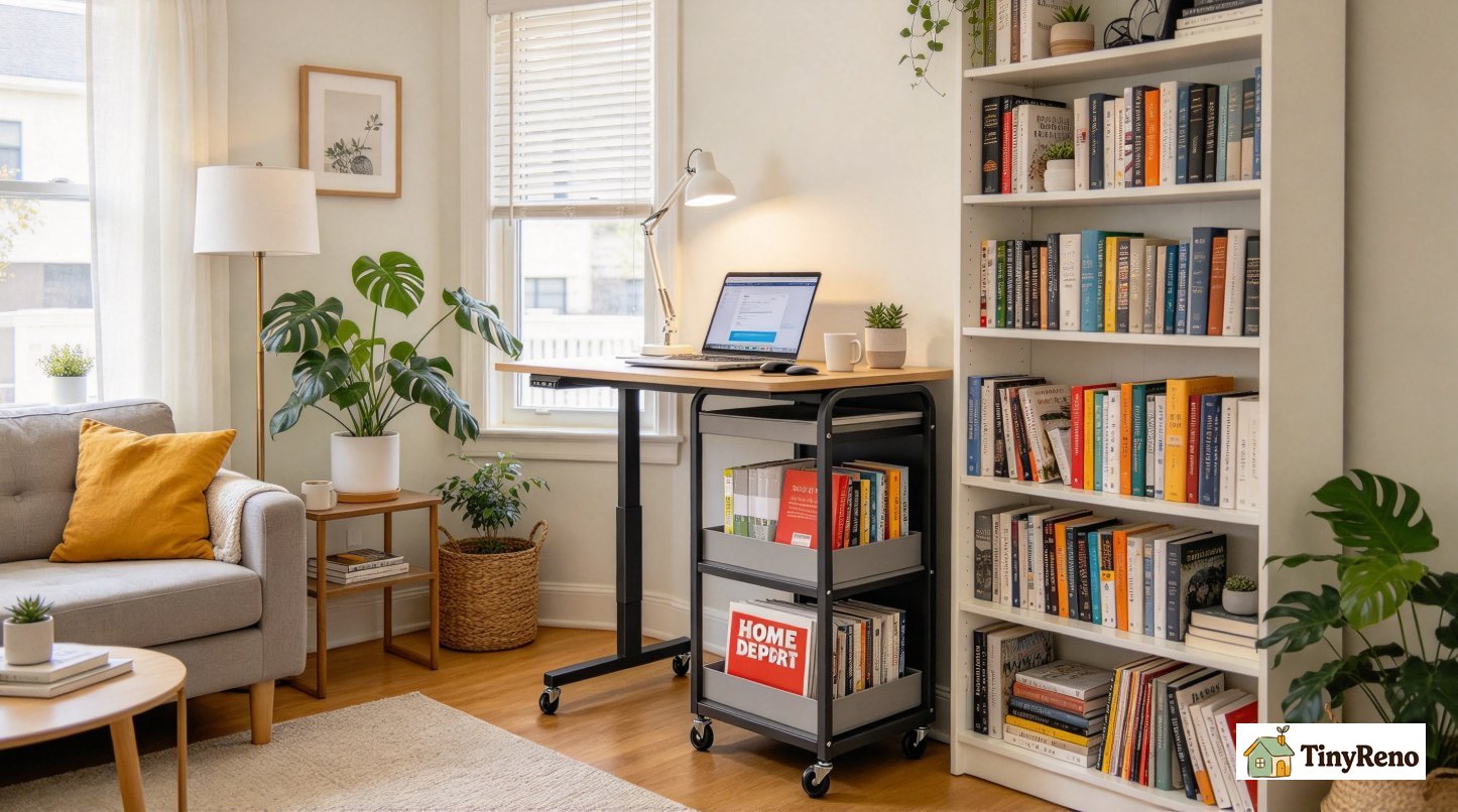 32-inch Home Depot rolling cart pulled out as temporary remote work station, then rolled back neatly between bookshelf and wall in small apartment living room