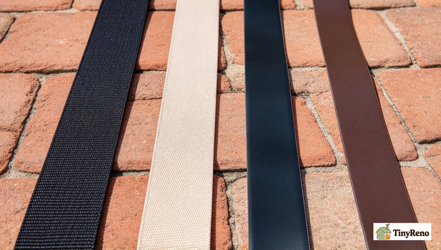A test comparison of four rolls of vinyl strapping on a kitchen table with price tags visible, soft warm light, off-white wall