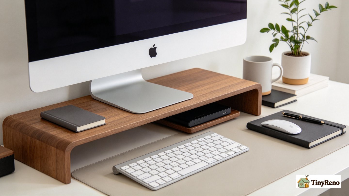 Close-up of wrong deep West Elm tabletop setup, 27-inch monitor taking up most desk depth, very little usable space left for keyboard and notebook