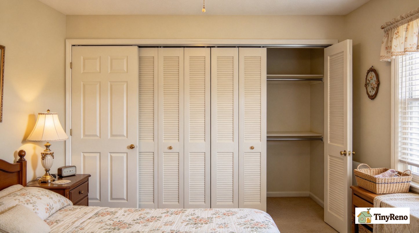 Finished repaired bifold closet door, smoothly sliding closed, neatly mounted level metal track, tidy vintage rental bedroom closet