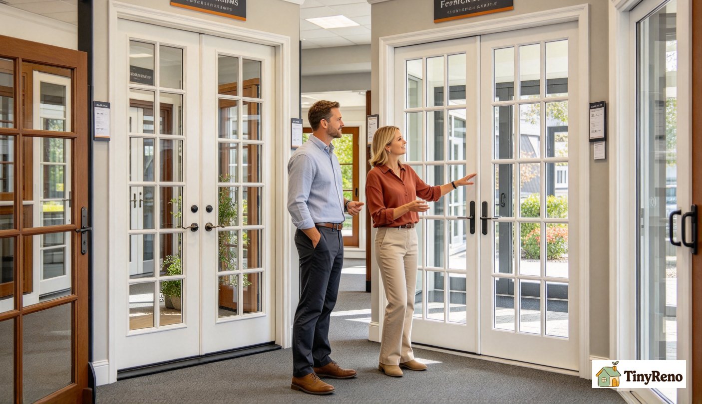 Side-by-side comparison of French swinging patio door and sliding glass patio door on Home Depot showroom floor, Caucasian shopper examining both door styles