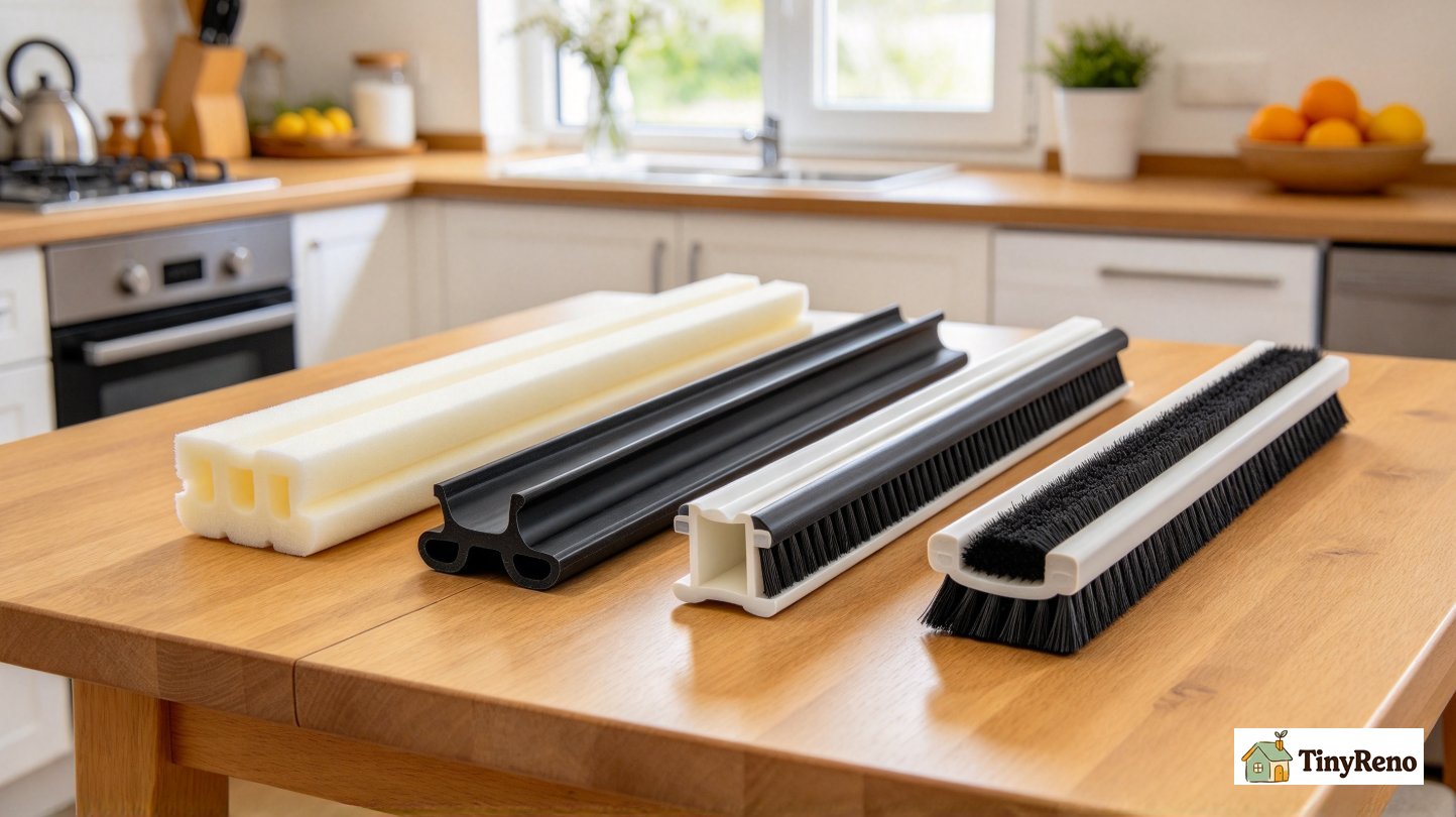 A test comparison of foam versus rubber versus brush sliding door seals on a kitchen table, soft warm light, off-white wall