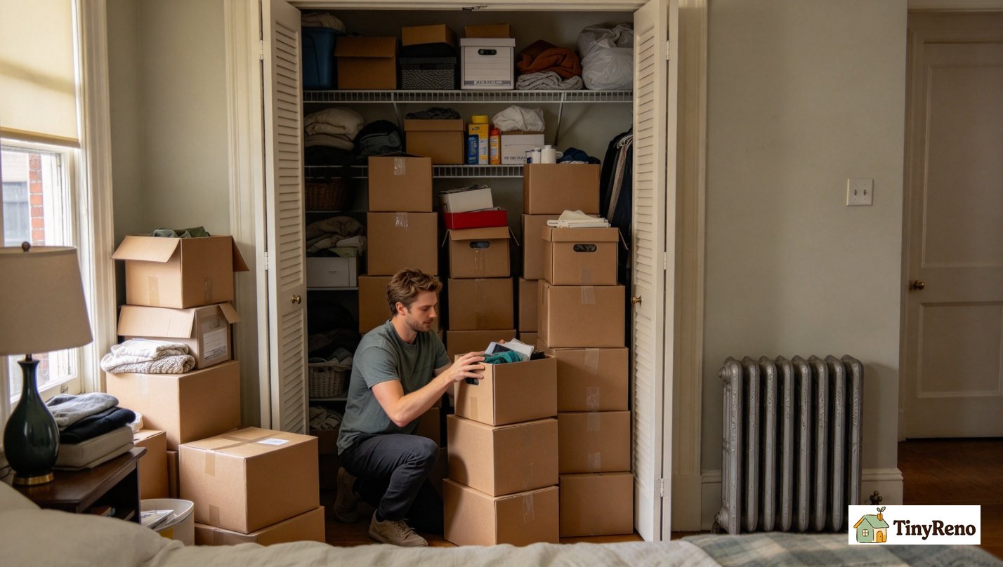 Caucasian person kneeling in front of packed closet, sorting stacked moving boxes full of stored belongings inside pre-war Brooklyn apartment bedroom