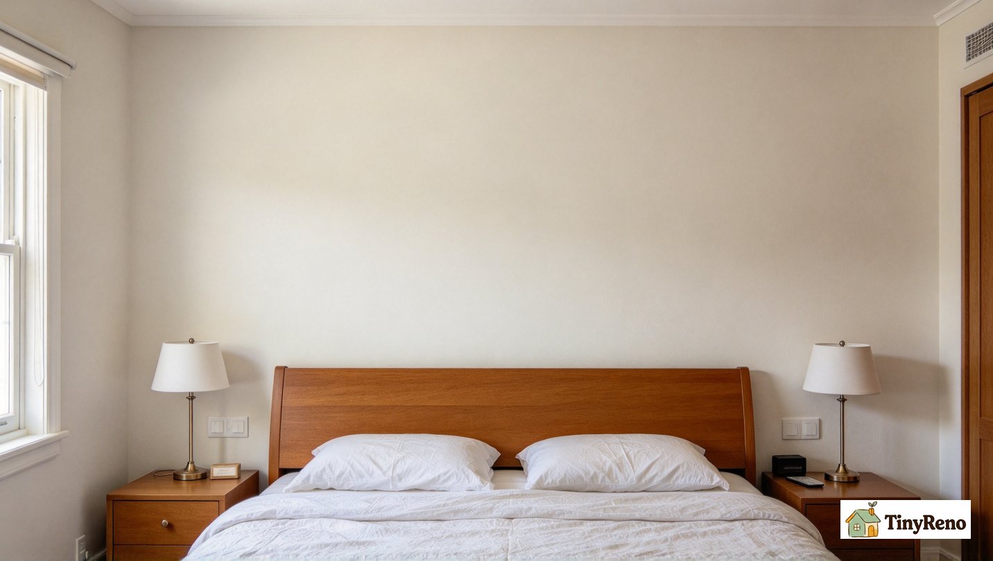 A small tool kit and lamp installed on a kitchen counter in a rental studio, soft warm light, off-white wall, move-in day.