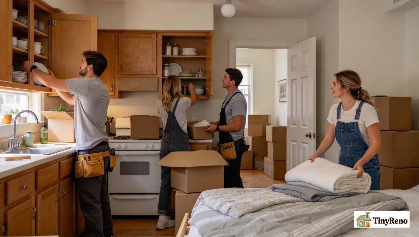 Unpacking team placing dishes inside wooden kitchen cabinets, folding bedding and assembling bed frame inside small Brooklyn apartment