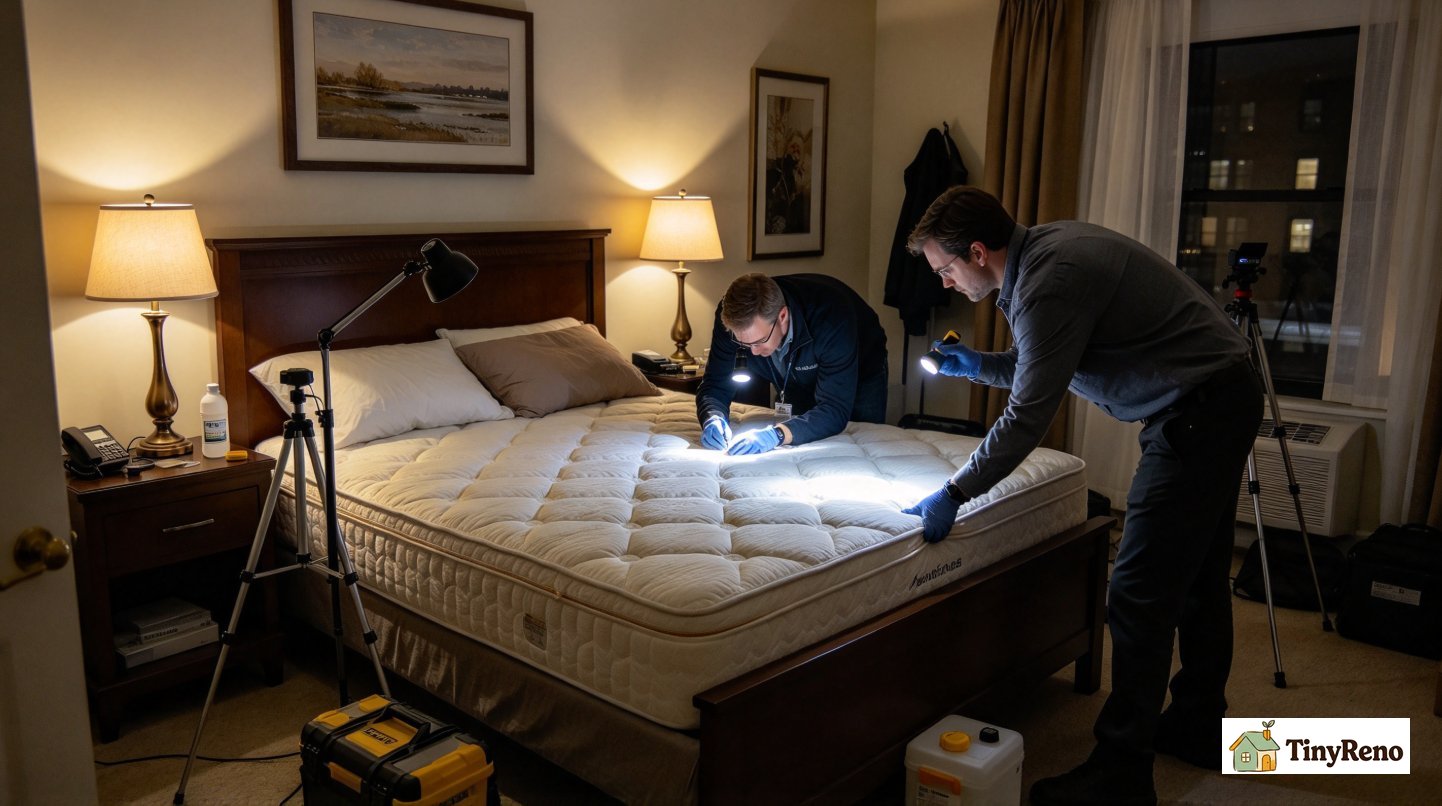 Full bedroom bed bug inspection scene, renter checking mattress seams, pillow, and bed frame with flashlight, complete monitoring setup in place