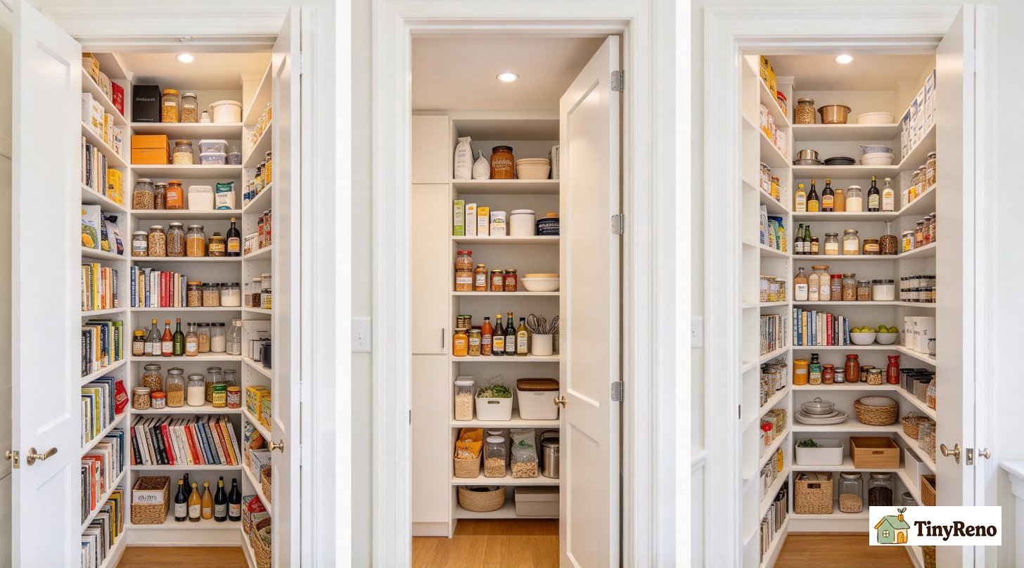 side-by-side pantry comparison shots: pre-war closet pantry, new construction reach-in pantry, walk-in pantry in Cobble Hill townhouse, showing size differences