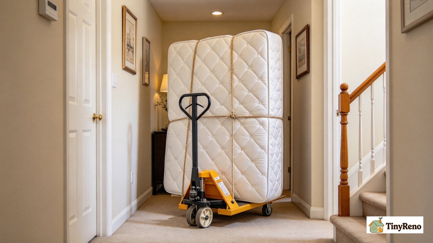 Furniture dolly with mattress secured on flat apartment hallway, dolly ready for ground transport, not on stairs
