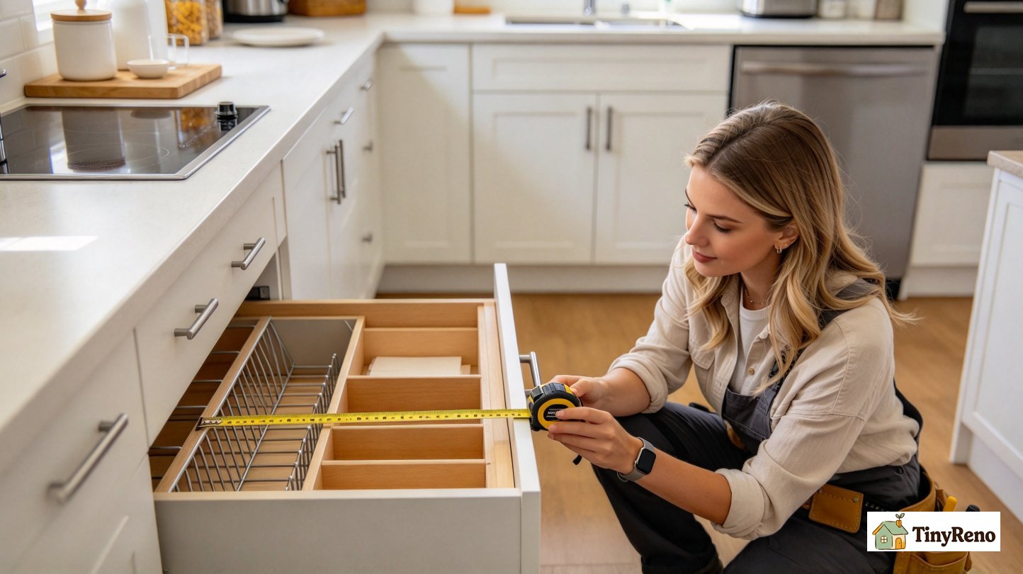 Renter measuring width and depth of kitchen drawer with tape measure before purchasing drawer divider