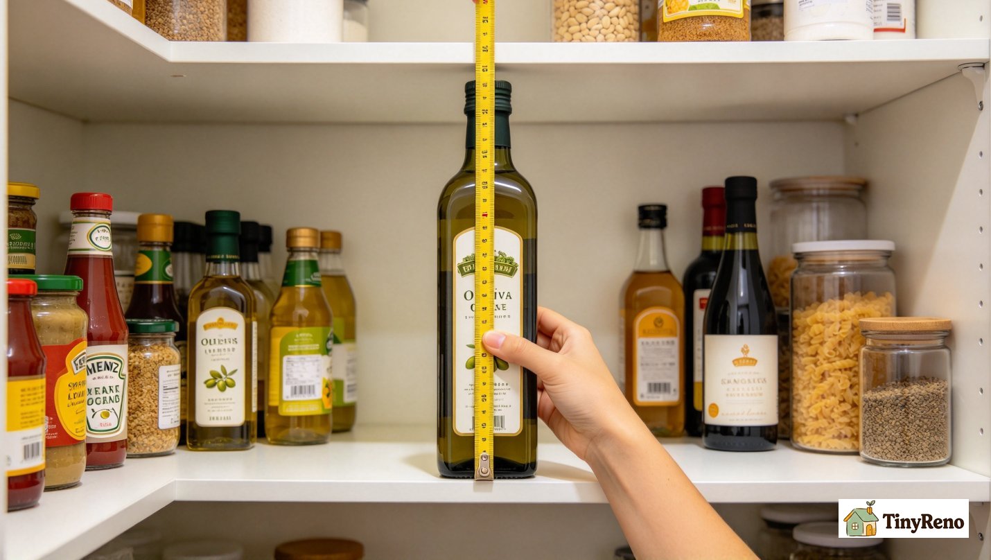 A tape measure held against a 14-inch-deep shelf inside a new-construction rental kitchen pantry, soft warm light, off-white wall.