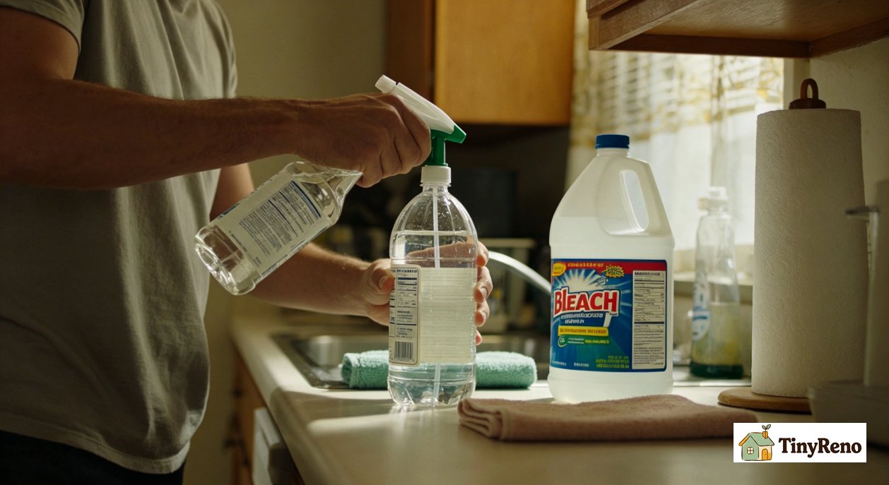 Tenant mixing vinegar and water in spray bottle, preparing DIY cleaning solution on kitchen counter, bleach bottle and microfiber cloth beside it, rental kitchen countertop