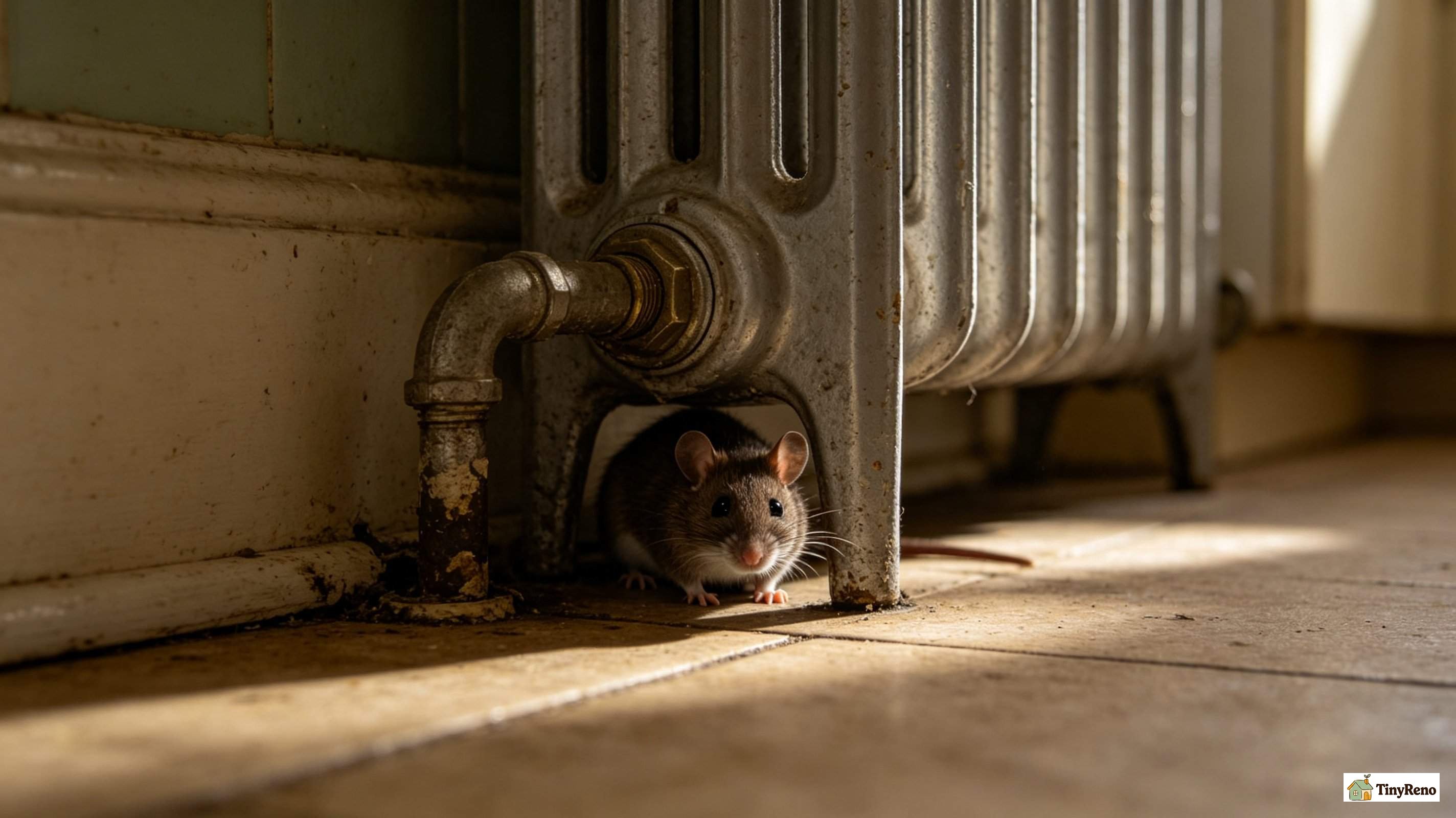 A small brown rat standing still on a kitchen floor near a radiator to identify a known territory