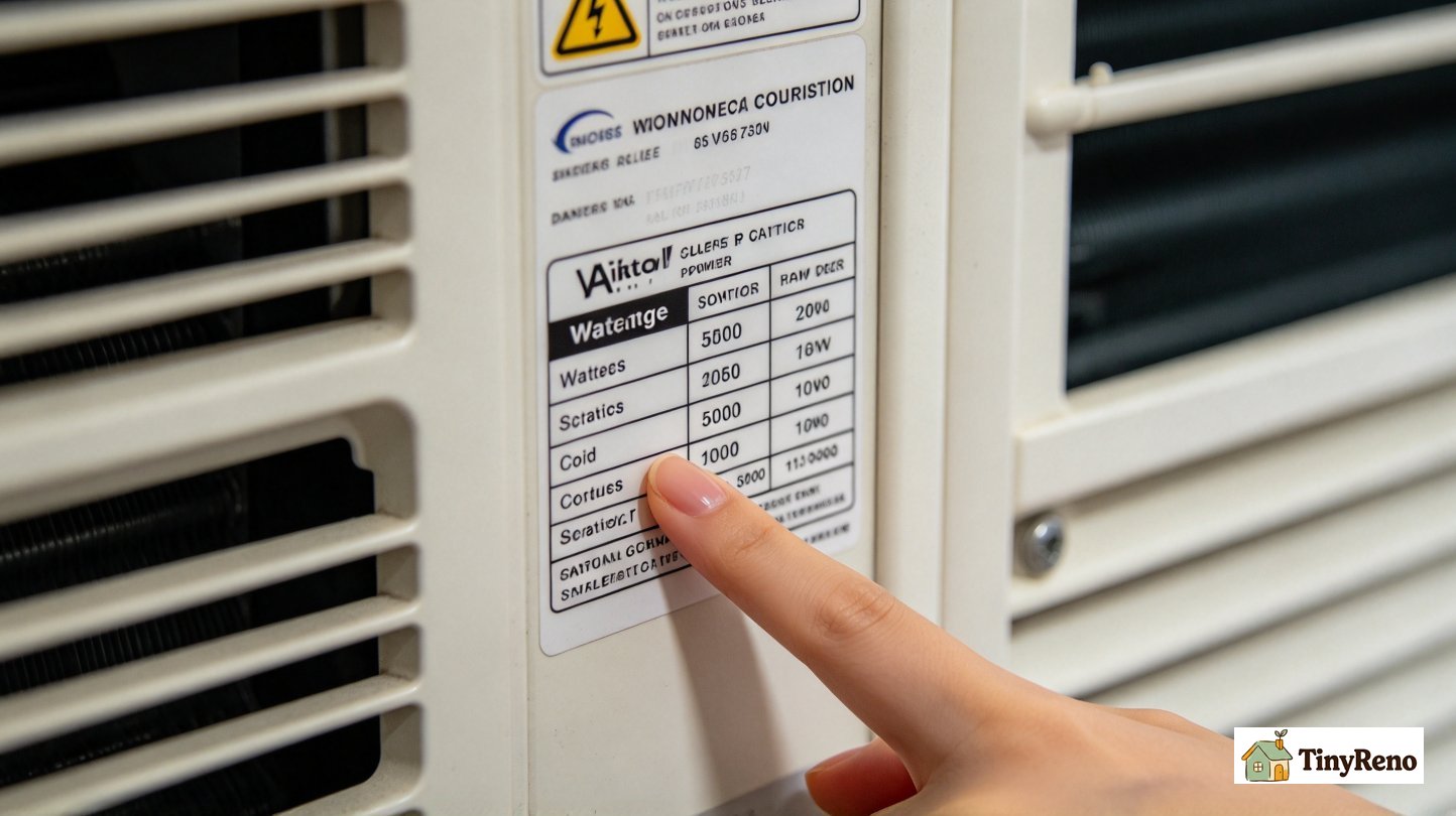 A close-up of an appliance nameplate sticker showing the wattage to identify how many watts a house uses