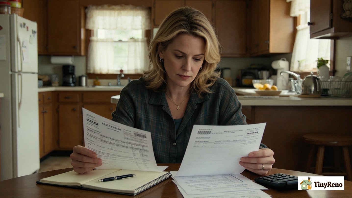A renter comparing two electric bills side by side on a kitchen table to identify the savings