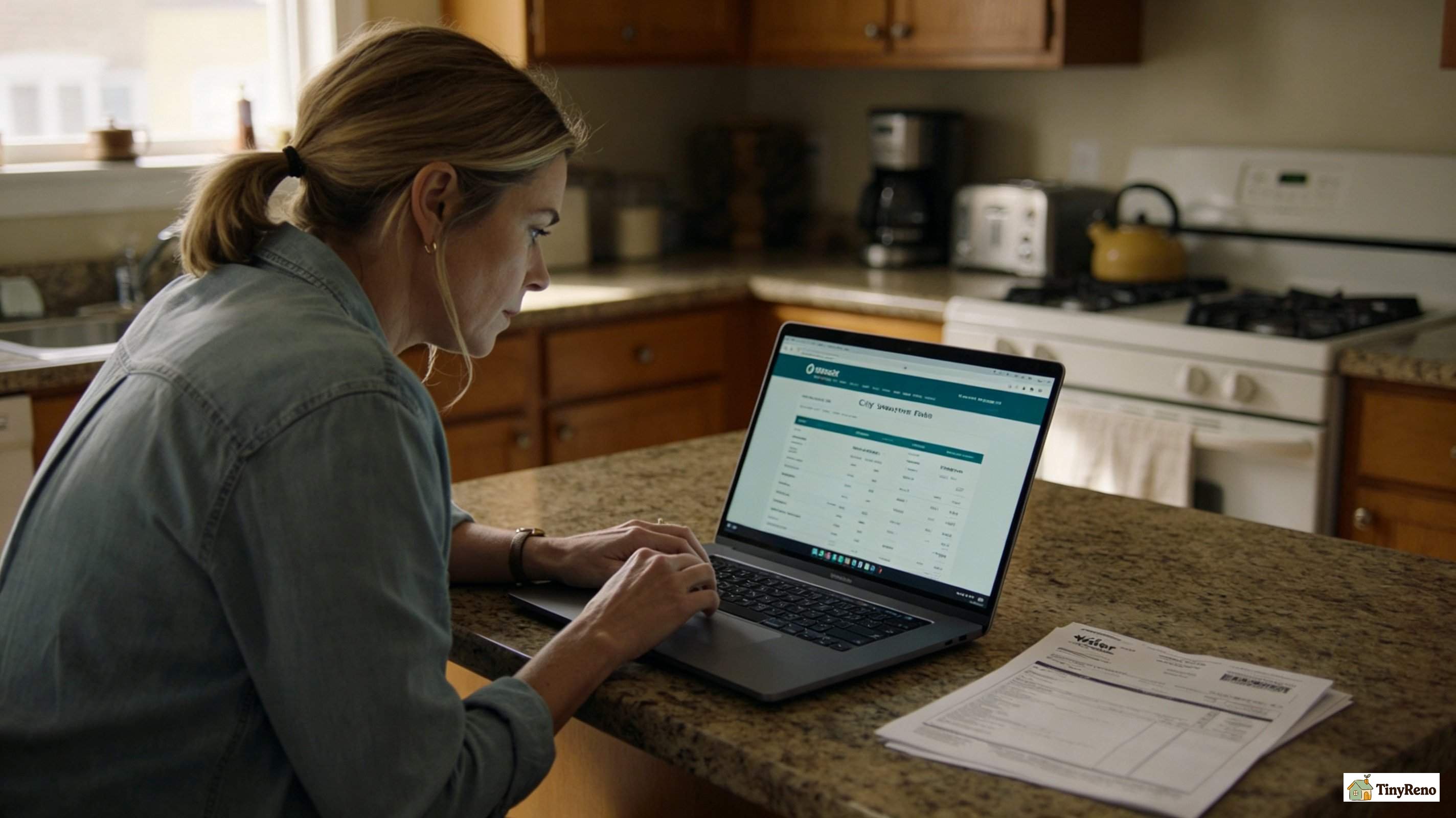 A renter comparing two quarterly water bills side by side on a kitchen table to identify the savings after the corrections