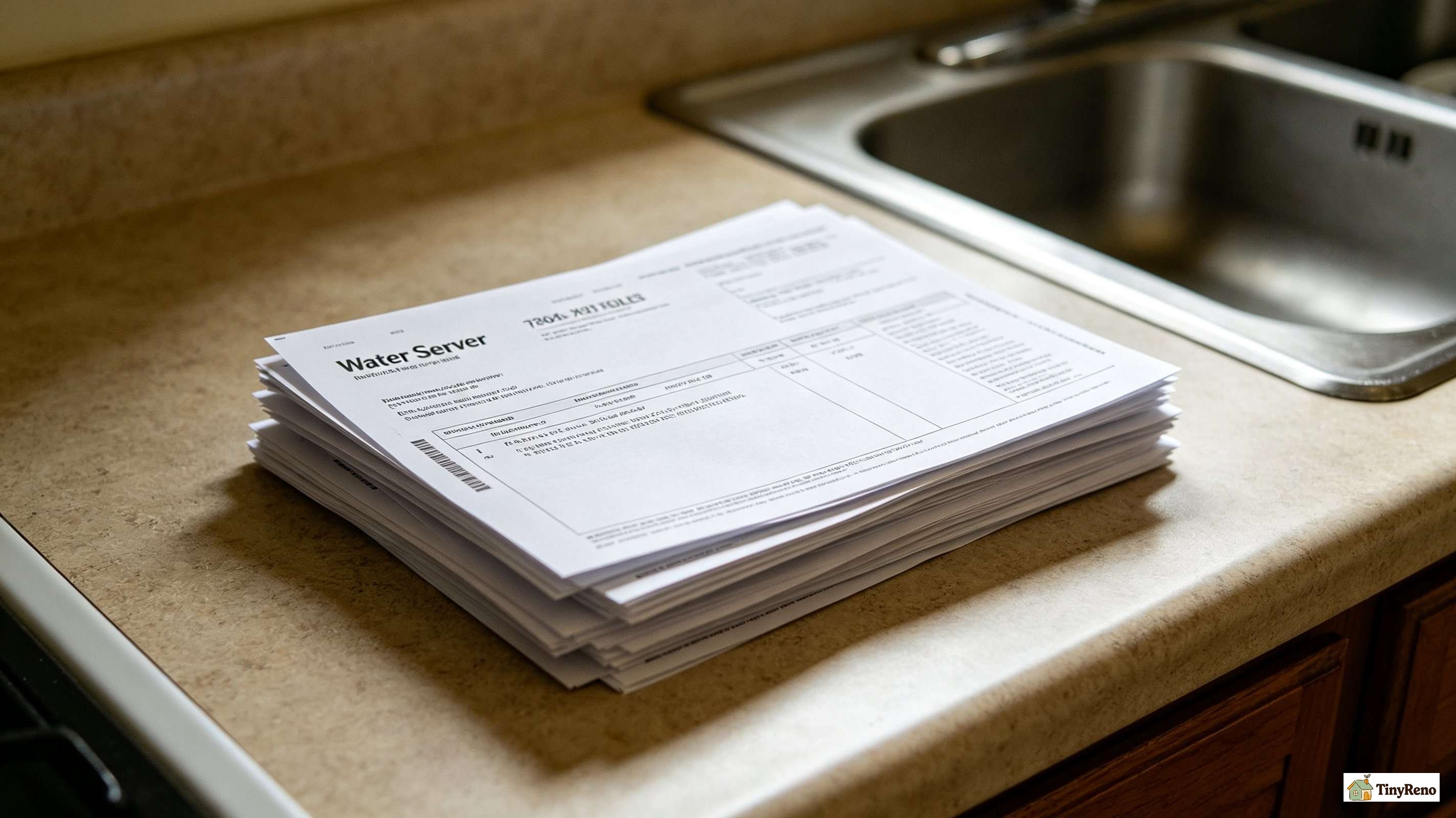 A close-up of a quarterly water and sewer bill on a kitchen counter showing the multiplier formula to identify overcharges