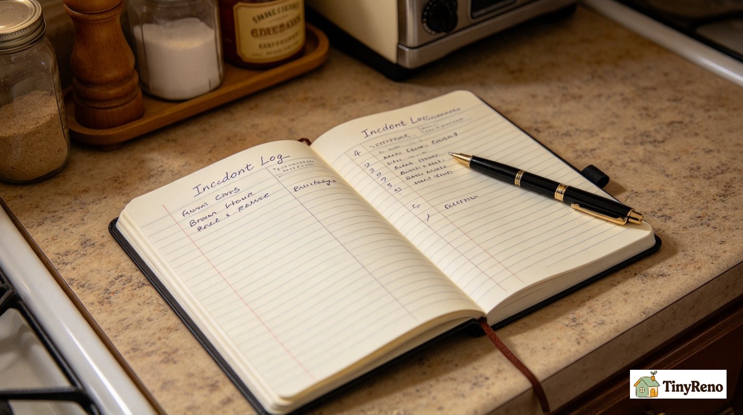 A close-up of a paper notebook showing dated entries and timestamps, to identify a harassment log starting on day one